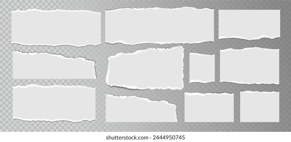 Realistic ripped white paper sheets isolated on transparent background. Torn blank pages with uneven texture. Vector