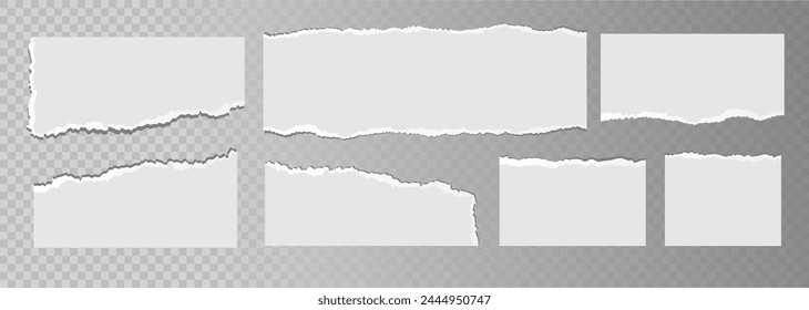 Realistic ripped white paper sheets isolated on transparent background. Torn blank pages with uneven texture. Vector