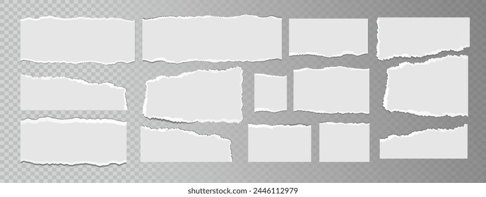 Realistic ripped white paper sheets isolated on transparent background. Torn blank pages with uneven texture. Vector