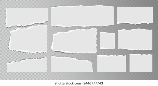 Realistic ripped white paper sheets isolated on transparent background. Torn blank pages with uneven texture. Vector