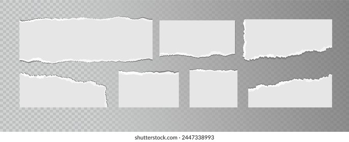 Realistic ripped white paper sheets isolated on transparent background. Torn blank pages with uneven texture. Vector