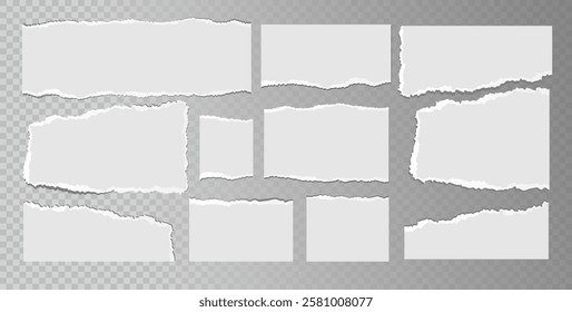 Realistic ripped white paper sheets isolated on transparent background. Torn blank pages with uneven texture. Vector