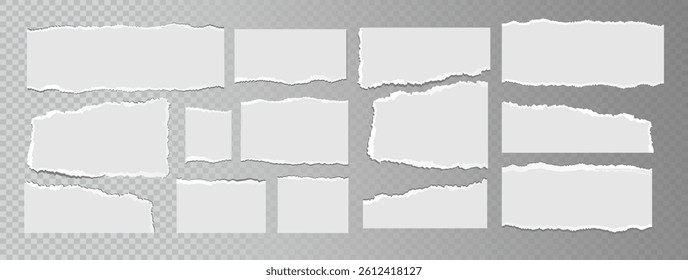Realistic ripped white paper sheets isolated on transparent background. Torn blank pages with uneven texture. Vector