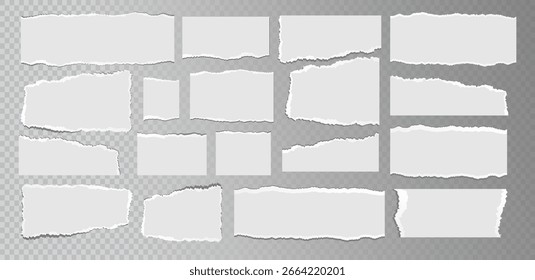Hojas de papel blanco rasgadas realistas aisladas sobre fondo transparente. Páginas en blanco rotas con textura desigual. Vector
