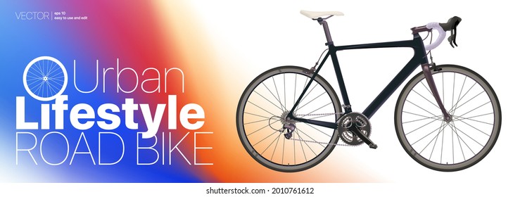Realistic road bike Black Carbon sport bike isolated on gradient background Vector Illustration for directory Poster Web Horizontal Banner Advertising Bicycle rental Signboard