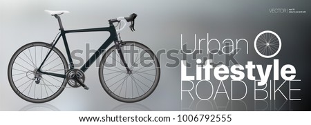 Realistic road bike Black Carbon sport bike isolated on gradient background Vector Illustration for directory Poster Web Horizontal Banner Advertising Bicycle rental Signboard