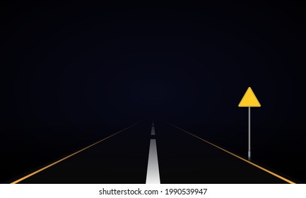 Realistic road at night with road sign. Vector illustration