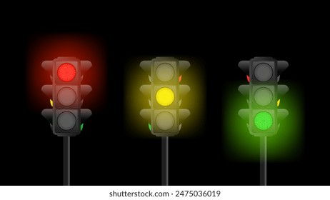 Realistic Road Traffic Lights and Pedestrian Signals with Safety Rules Concept - Red, Yellow, and Green Lights Turned On. Vector.