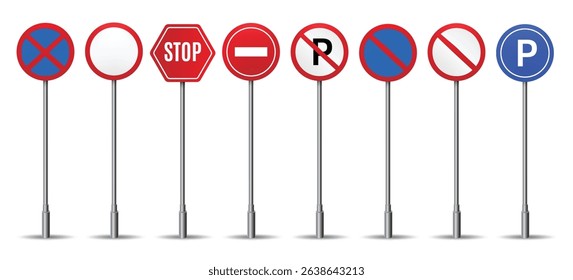 Realistic road traffic signs. Stop no entry parking no parking set isolated vector illustration