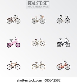 Realistic Road Velocity, For Girl, Old And Other Vector Elements. Set Of Bike Realistic Symbols Also Includes Retro, Cruise, Bike Objects.