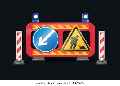 Realistic road works under construction barrier with traffic signs on black background vector illustration