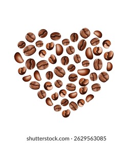 Coração de grãos de café torrado realista. Amor expresso ou cappuccino forma do coração no fundo branco. Grãos de café arábica design para café ou pacote
