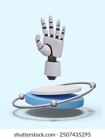 Realistic robotic arm on circular platform. Detailed automatic manipulator