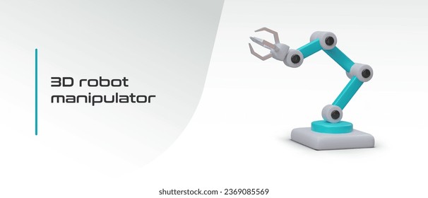 Realistic robotic manipulator raised up. Adjustable programmable equipment. Fixation, lifting and movement of objects. Technology of future. Innovative approach to production, automated process