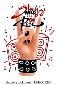 realistic rock gesture hand with doodles hand drawn elements on a white background. Vector illustration