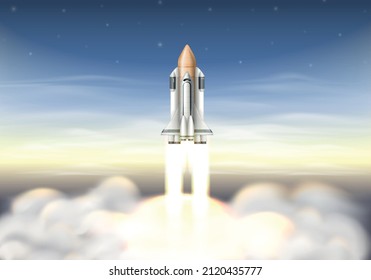 Realistic rocket launch background with shuttle flying into space above clouds vector illustration