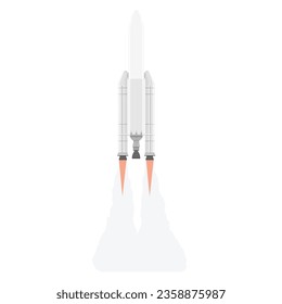 Realistic rocket launch isolated on white background. Space mission rocket with smoke. Vector illustration