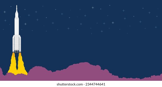 Realistic rocket launch in the sky flying over clouds. Space mission rocket with smoke. Vector illustration