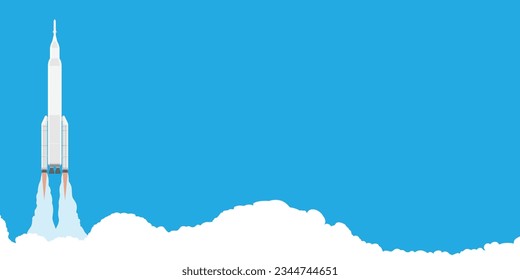 Realistic rocket launch in the sky flying over clouds. Space mission rocket with smoke. Vector illustration