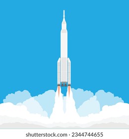 Realistic rocket launch in the sky flying over clouds. Space mission rocket with smoke. Vector illustration