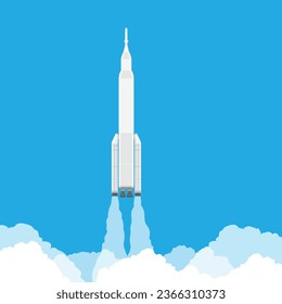 Realistic rocket launch in the sky flying over clouds. Space mission rocket with smoke. Vector illustration