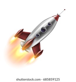 Realistic rocket of red grey color with round portholes in flight on white background isolated vector illustration