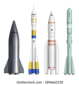 Realistic rocket. Spaceships launch futuristic shuttle for universe exploring expedition decent vector realistic pictures