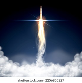 Realistic rocket square composition with view of flying rocket with fire flame trails and smoke clouds vector illustration