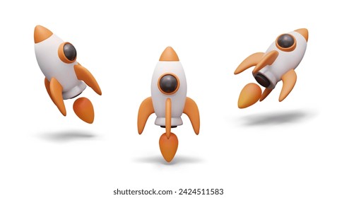 Realistic rocket takes off with fire. Spaceship launch. Set of isolated objects on white background