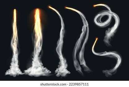 Realistic rocket trail fire smoke set with grey smoking traces and burning fire on dark background vector illustration