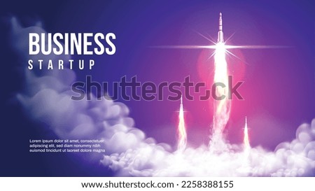 Realistic rocket trail horizontal poster with editable text and view of launching rockets with smoke flames vector illustration