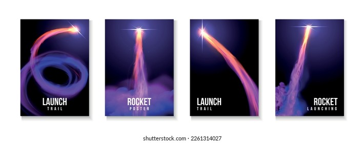 Realistic rocket trail poster set with vertical compositions of editable text and neon backgrounds with smoke vector illustration