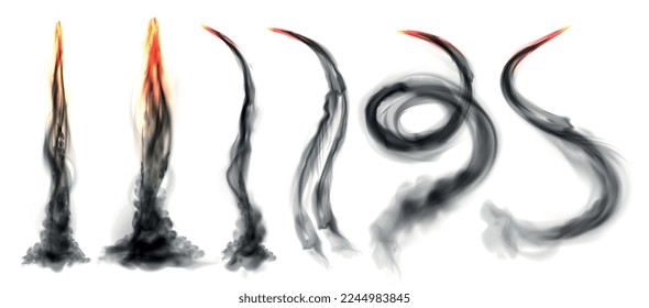 Realistic rocket trail set of isolated smoke traces curvy swirls with burning light on white background vector illustration