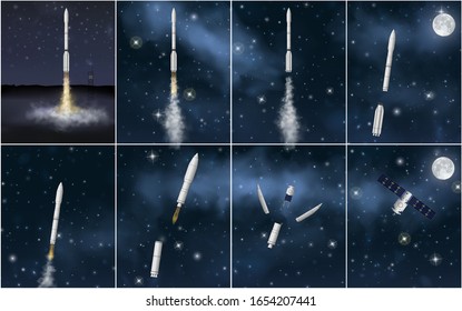 Realistic rocket's fly set. 8 vector illustrations of the coherent stages of the carrier rocket flight: earth start, separation, realising of vehicle payload, successfully placing into stable orbit.