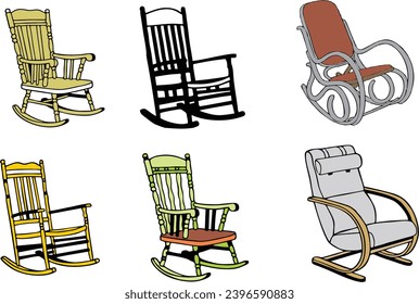 Realistic Rocking Chairs in 3d rendering, silhouette on white background. Front Porch Rocking Chairs. Relax symbol. Editable vector, easy to change color or size or manipulate. eps 10. 