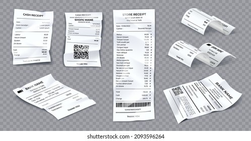 Realistic Rolled, Curved And Crumpled Bank And Shop Receipts. White Paper Payment Bill. Supermarket Printed Sale, 3d Cash Check Vector Set. Illustration Of Crumpled Paper Financial