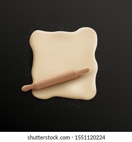 Realistic rolled dough in square shape sprinkled with white flour and wooden rolling pin isolated on black background - food cooking ingredient vector illustration
