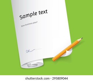 Realistic rolled paper with pencil template.