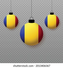 Realistic Romania Flag with flying light balloons. Decorative elements for national holidays.