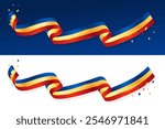 Realistic Romanian Flag Wavy Ribbon Isolated on white and blue background. Romania Independence Day, national flag concept for presentations, website, banner, social media