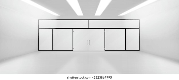 Habitación realista con pared de vidrio y burla a las puertas aisladas en un fondo transparente. Ilustración vectorial de tienda grande, tienda, supermercado, sala de exposición, perspectiva de oficina con lámparas led en el techo