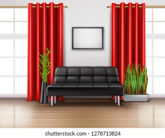 Realistic room interior with luxury red curtains on french windows leather black sofa light floor vector illustration