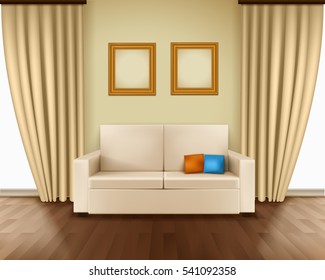 Realistic room interior with luxury window curtain sofa pillows frames and parquet floor vector illustration