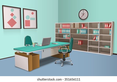 Realistic Room In The Office For Big Boss With  Computer And Rack And Abstract Decorations On The Wall Vector Illustration