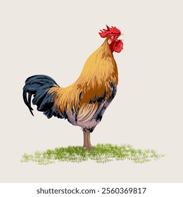 Realistic Rooster cock chicken character symbol hand drawn vector illustration. Poultry farm animal collection isolated on white background.