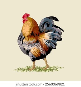 Realistic Rooster cock chicken character symbol hand drawn vector illustration. Poultry farm animal collection isolated on white background.