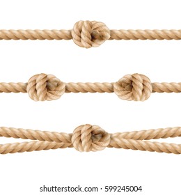 Realistic Rope Line Eith Knot. Yellow Twisted Ropes Set, Isolated On White Background. Vector Illustration