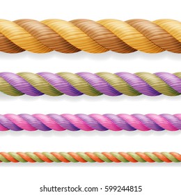 Realistic Rope Vector. Different Color Thickness 3d Rope Line Set Multicolored Twisted Nautical Cord. Isolated On White Background. Good For Borders Or Frames