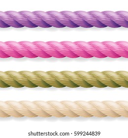 Realistic Rope Vector. Different Color Thickness 3d Rope Line Set Multicolored Twisted Nautical Cord. Isolated On White Background. Good For Borders Or Frames