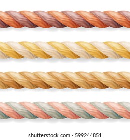 Realistic Rope Vector. Different Color Thickness 3d Rope Line Set Multicolored Twisted Nautical Cord. Isolated On White Background. Good For Borders Or Frames